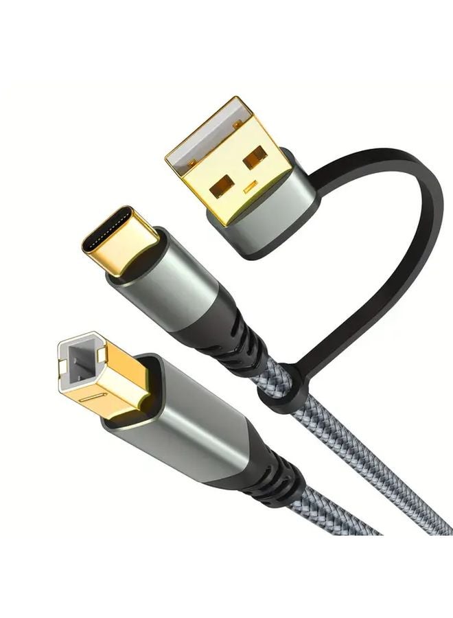 كابل طابعة 2 في 1 عالي السرعة من USB C و USB A إلى USB B 10 قدم رمادي متوافق مع HP وإيبسون وبراذر - Image 3